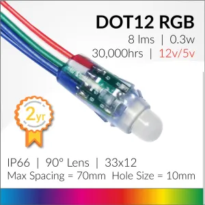12mm Push-through RGB Pixel | IP66 | 0.3w | 5v | 24Lm/w