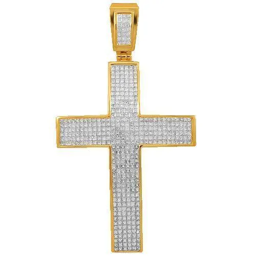 14K Solid Yellow Gold Mens Diamond Cross Pendant 15.60 Ctw