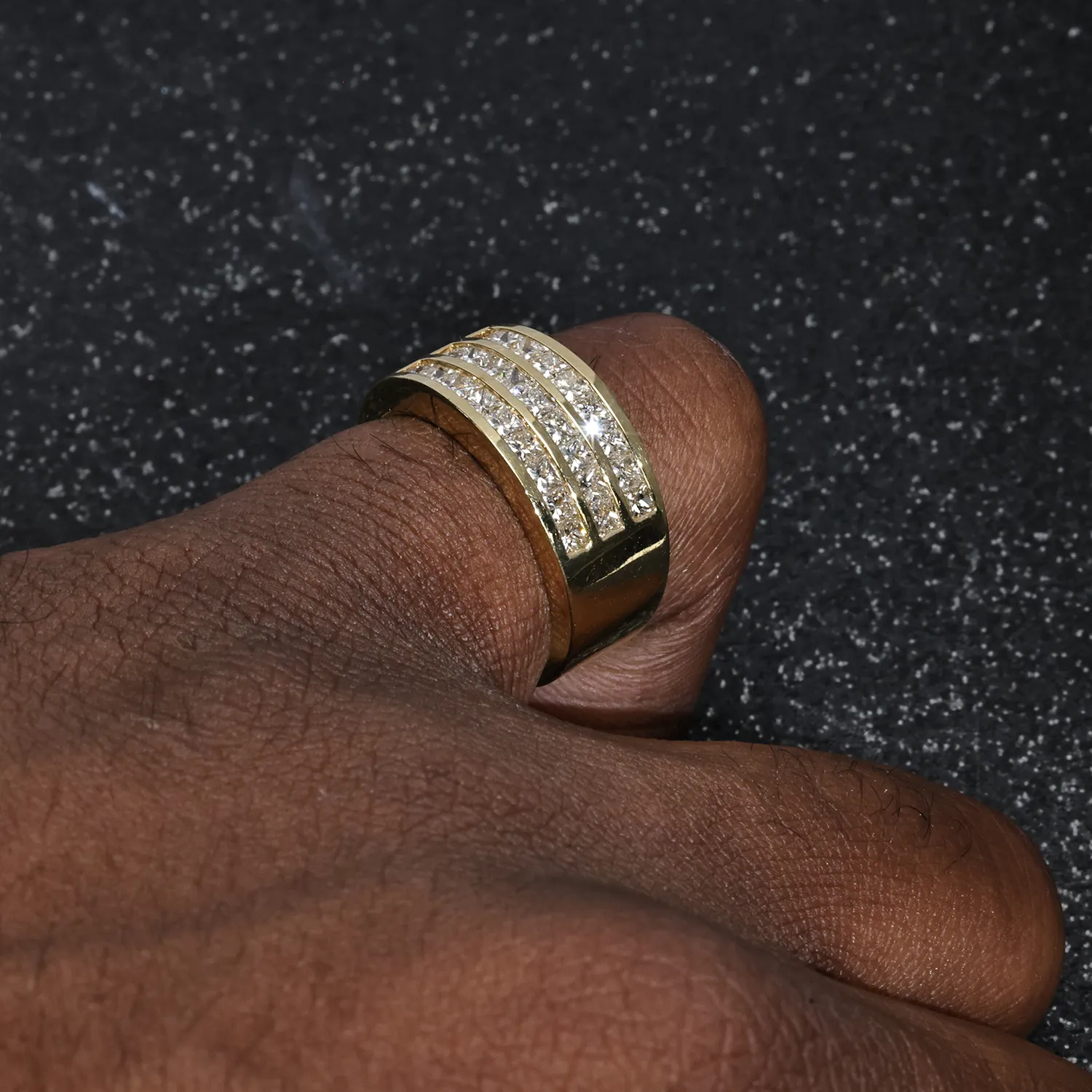 14K Three Row Princess Cut Yellow Gold Mens Diamond Pinky Ring 1.55 Ctw
