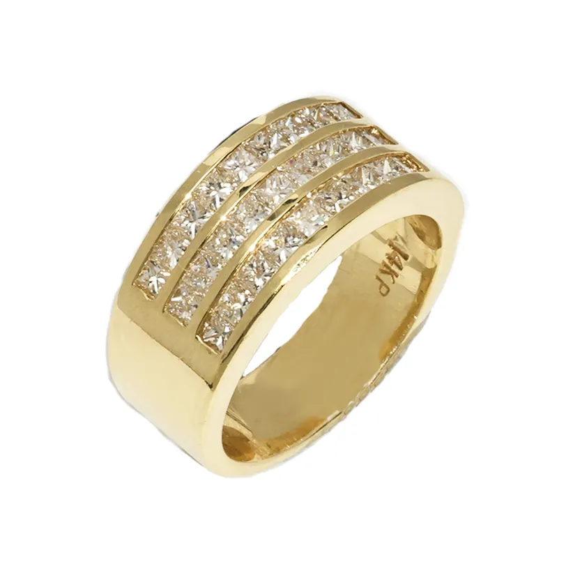 14K Three Row Princess Cut Yellow Gold Mens Diamond Pinky Ring 1.55 Ctw