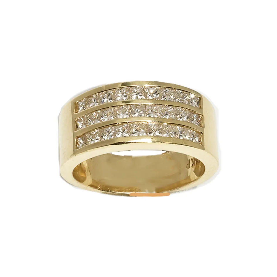 14K Three Row Princess Cut Yellow Gold Mens Diamond Pinky Ring 1.55 Ctw