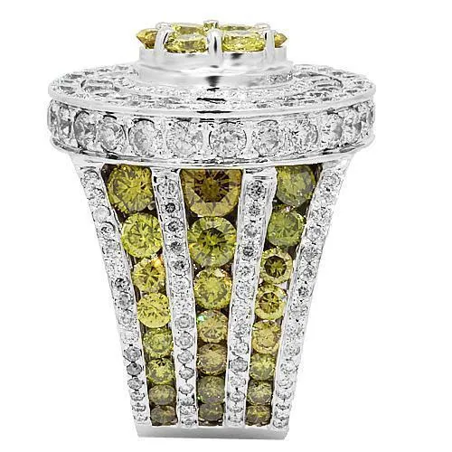 14K White Solid Gold Mens Diamond Custom Ring with Yellow Diamonds 15.68 Ctw