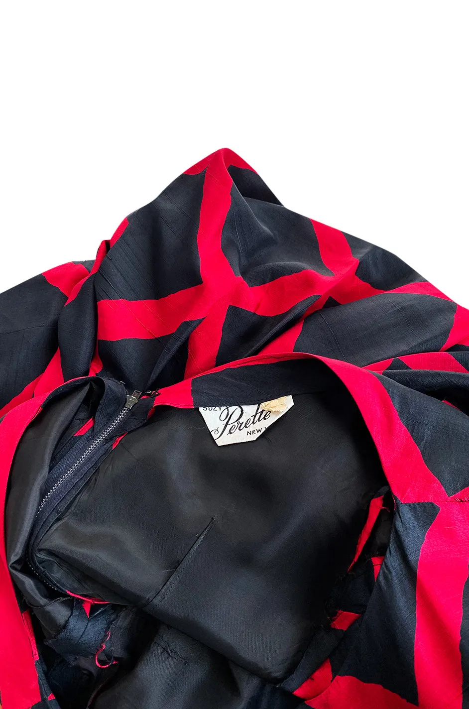 1950s Suzy Perette Black & Red Diamond Pattern Full Skirt Dress
