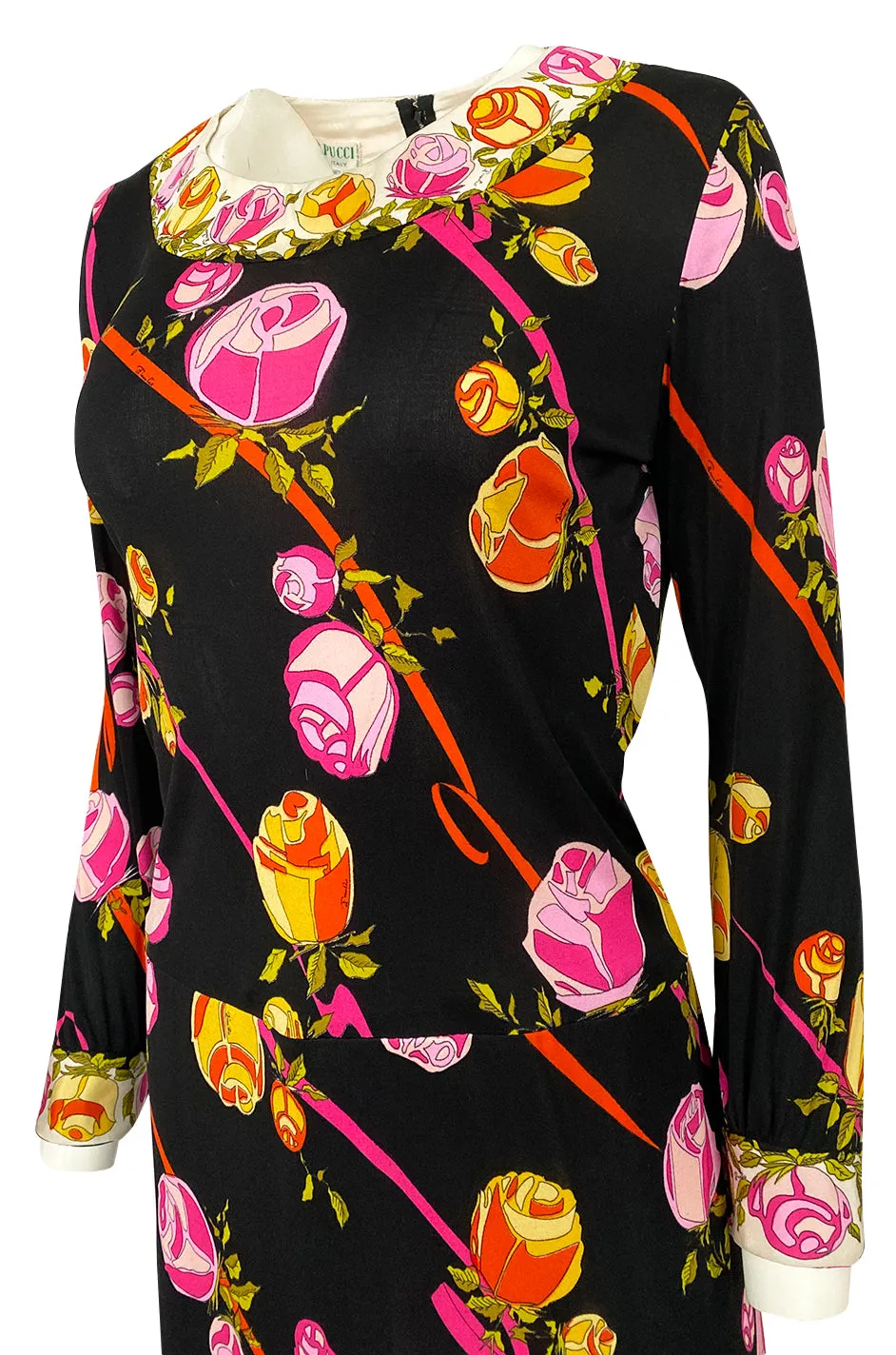 1960s Emilio Pucci Prettiest Pink Floral Print & Black Silk Jersey Dress