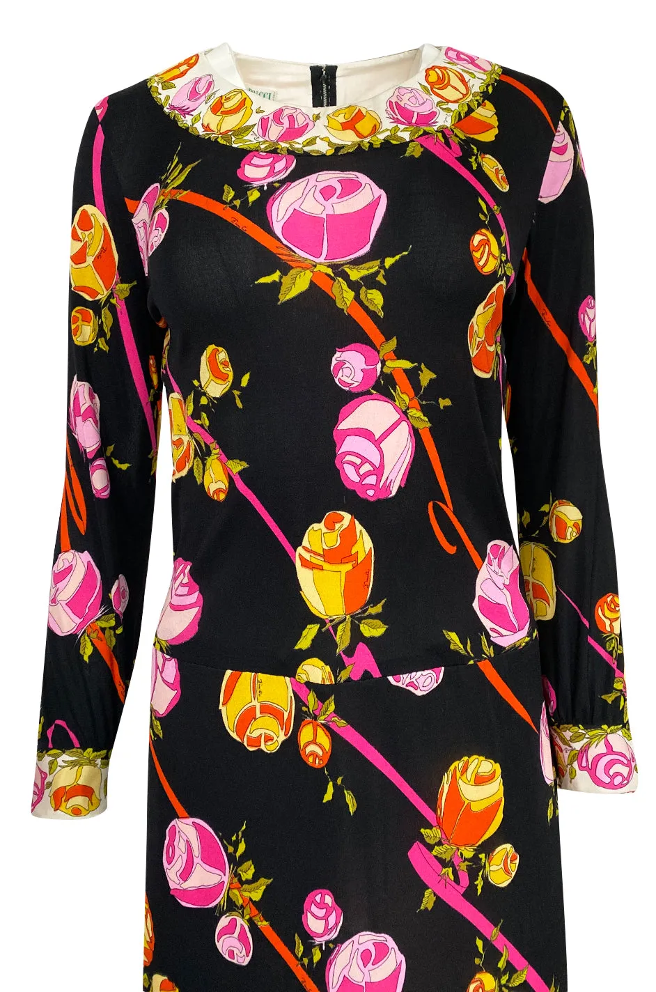 1960s Emilio Pucci Prettiest Pink Floral Print & Black Silk Jersey Dress