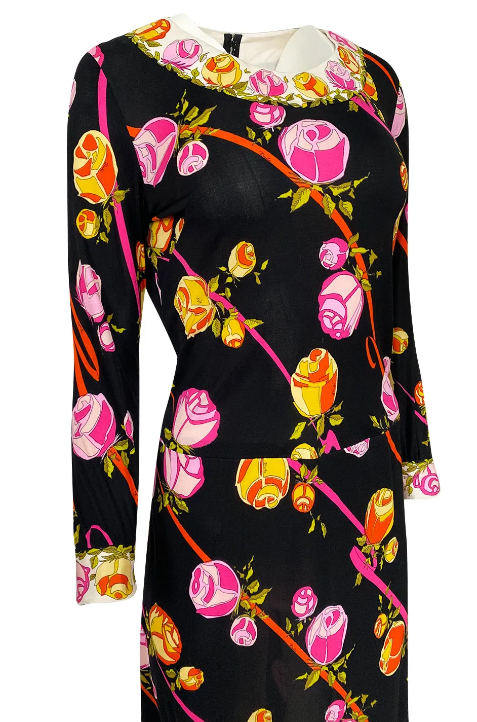 1960s Emilio Pucci Prettiest Pink Floral Print & Black Silk Jersey Dress