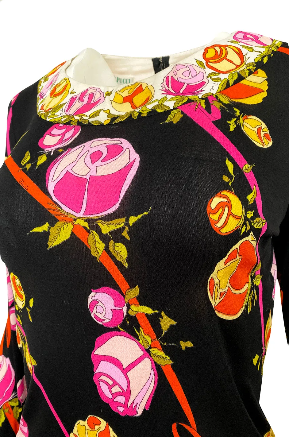 1960s Emilio Pucci Prettiest Pink Floral Print & Black Silk Jersey Dress