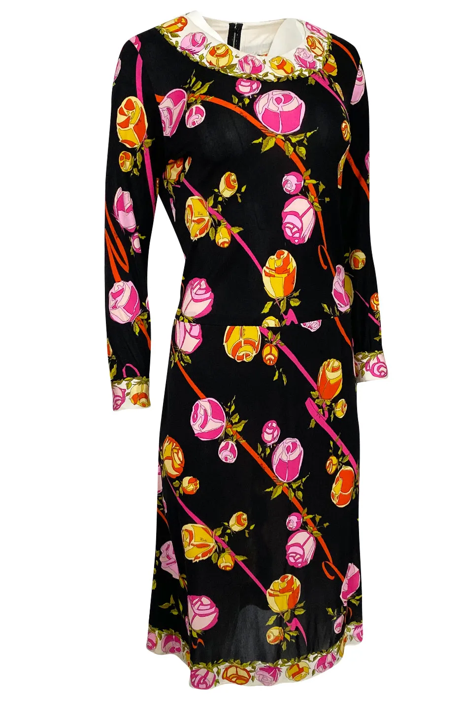 1960s Emilio Pucci Prettiest Pink Floral Print & Black Silk Jersey Dress