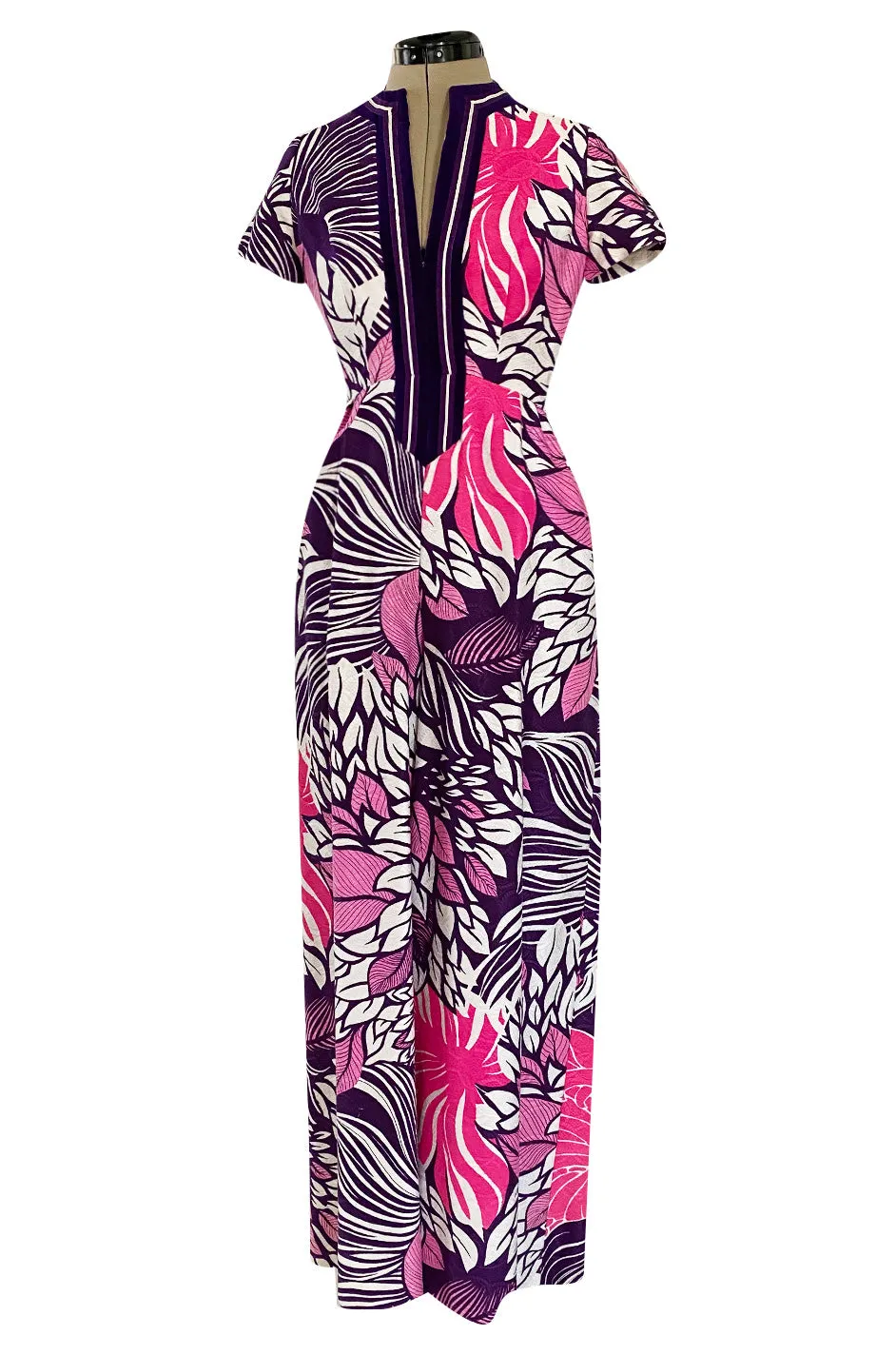 1960s Gino Charles for Malcolm Starr Purple & Pink Printed Jumpsuit w Extra Wide Legs