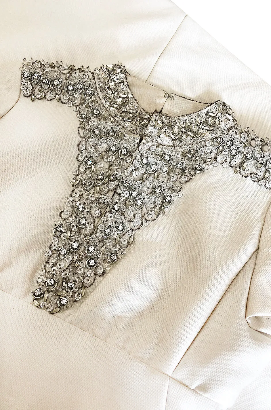 1960s Malcolm Starr Ivory Silk Dress w Rhinestone & Bead Adornments