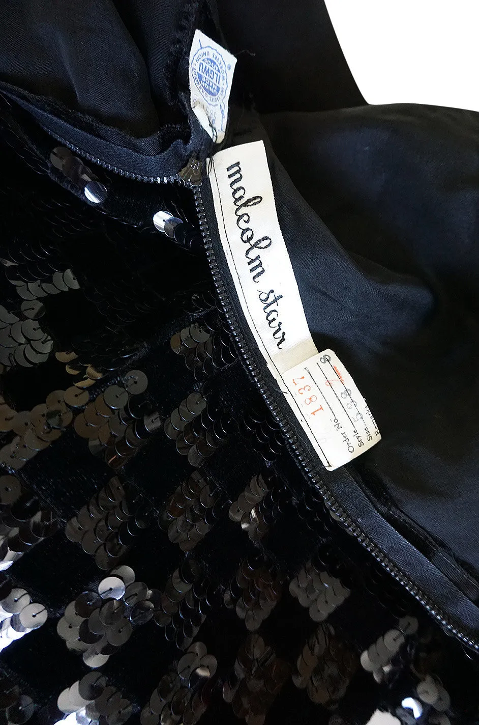 1960s Sequin & Velvet Checked Black Malcolm Starr Dress