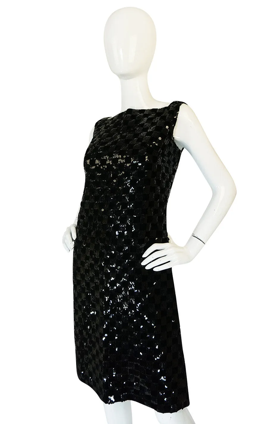 1960s Sequin & Velvet Checked Black Malcolm Starr Dress