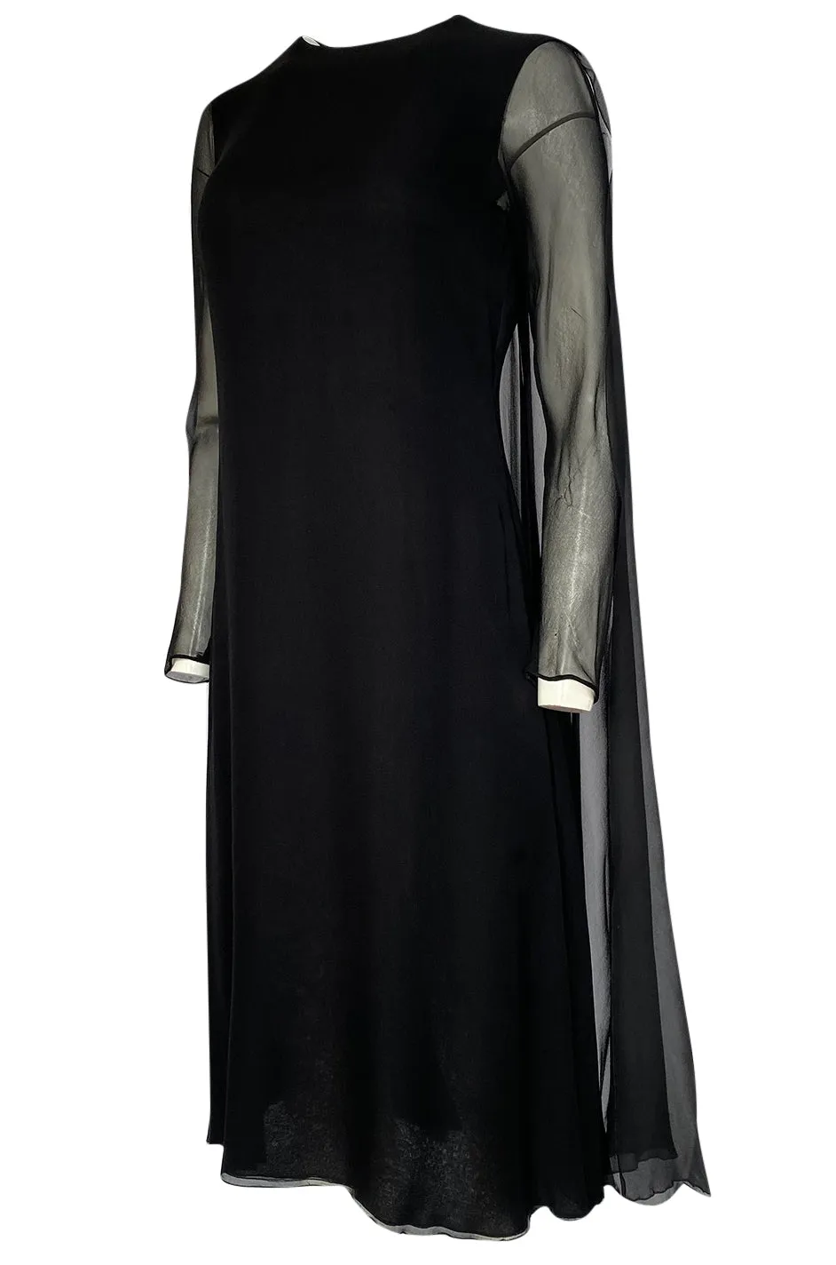 1970s George Stavropoulous Couture Black Silk Chiffon Caped Shoulder Dress
