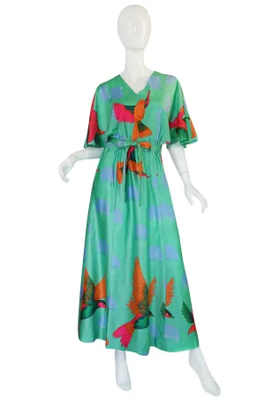 1970s Hanae Mori Green & Tropical Bird Caftan Dress