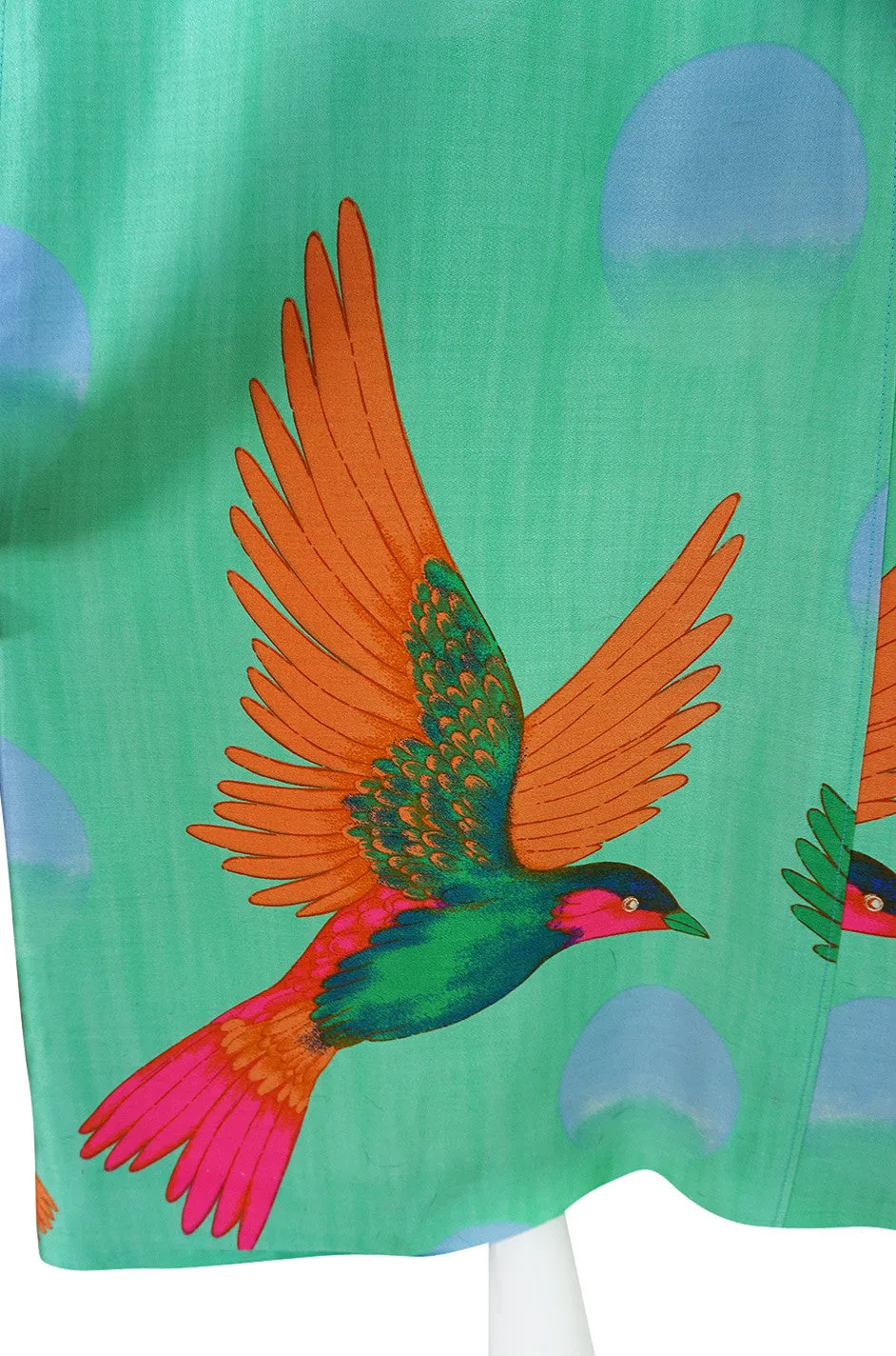 1970s Hanae Mori Green & Tropical Bird Caftan Dress
