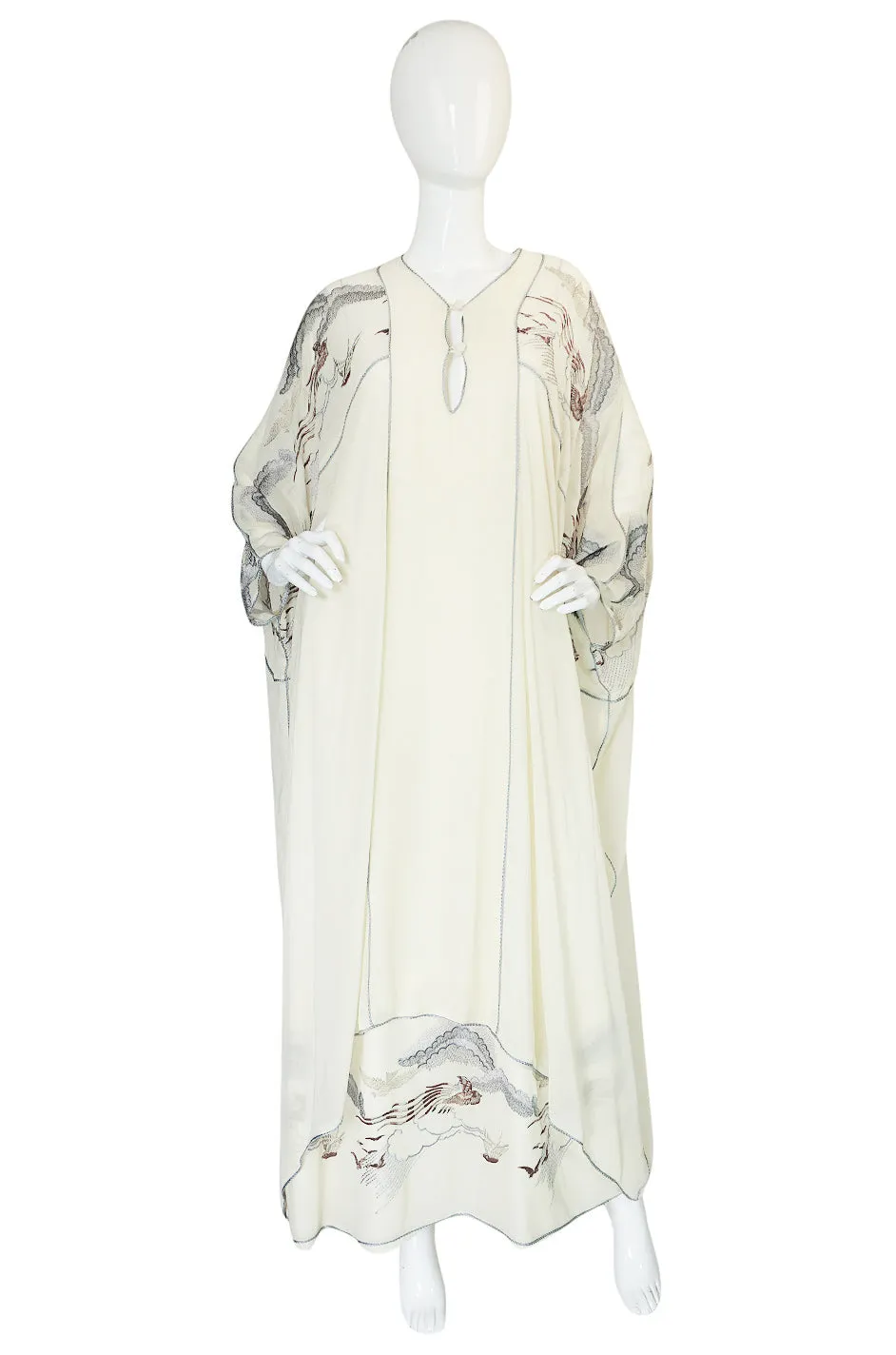 1970s Janice Wainwright Cream Embroidered Caftan Dress