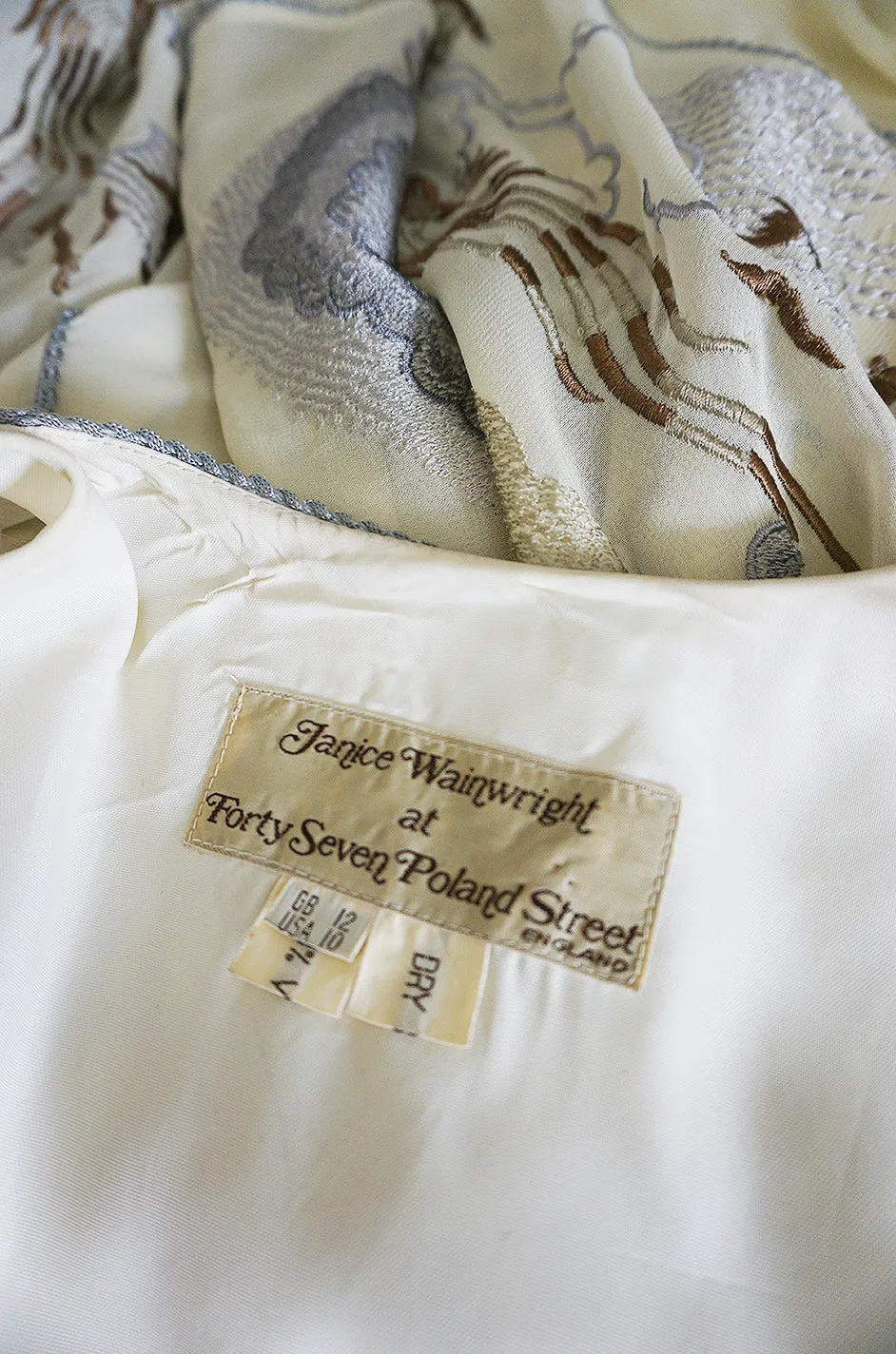 1970s Janice Wainwright Cream Embroidered Caftan Dress