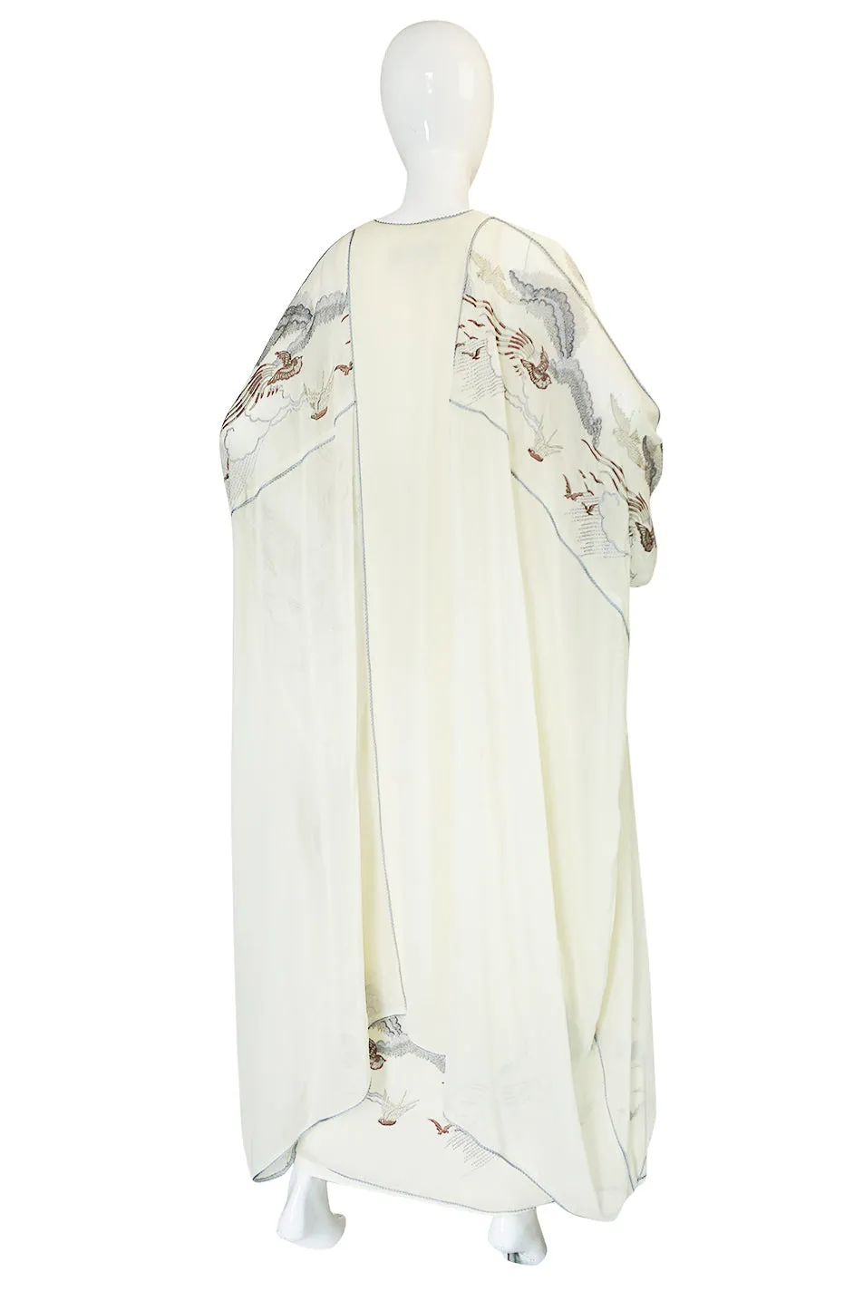 1970s Janice Wainwright Cream Embroidered Caftan Dress