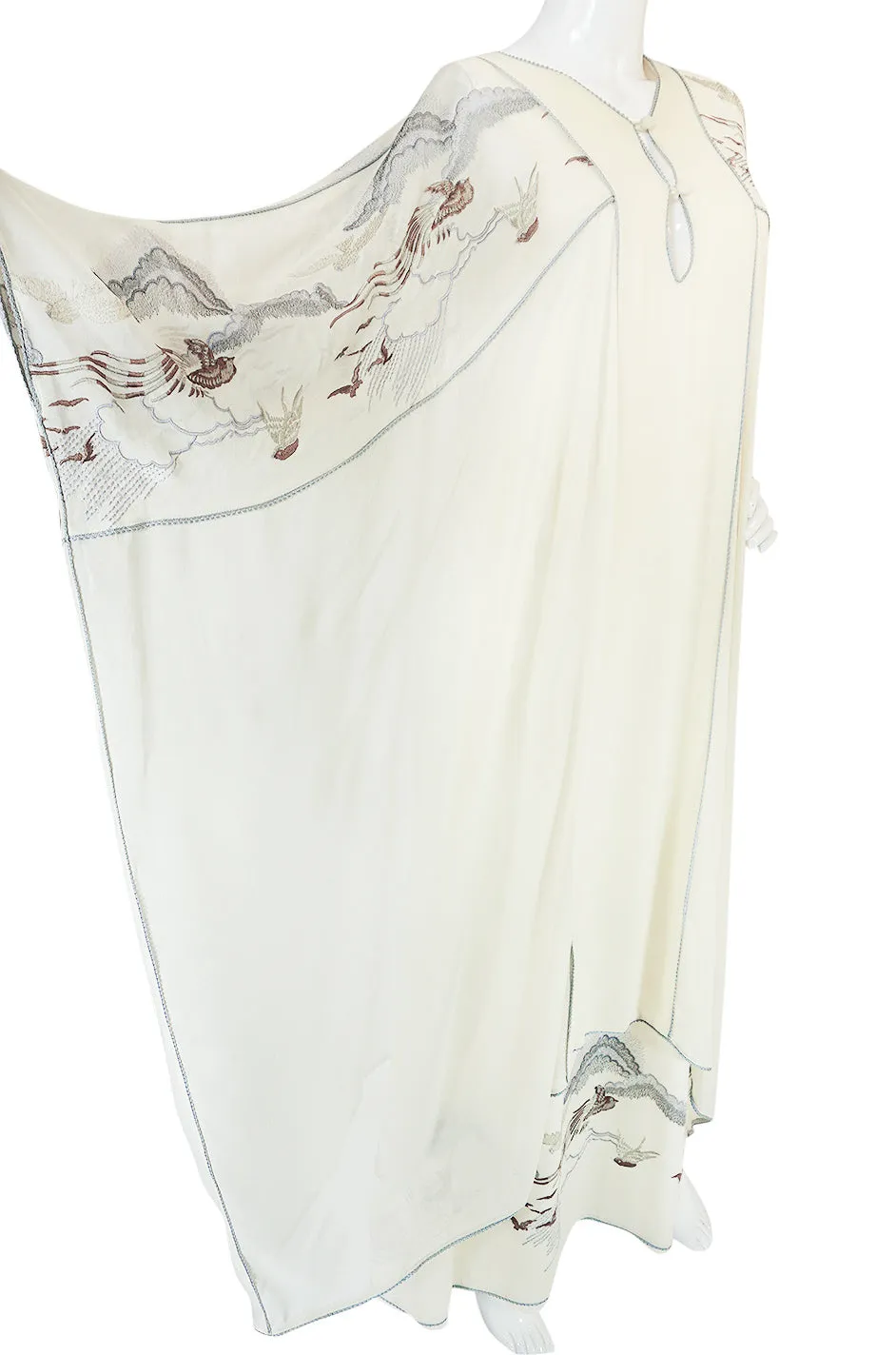 1970s Janice Wainwright Cream Embroidered Caftan Dress