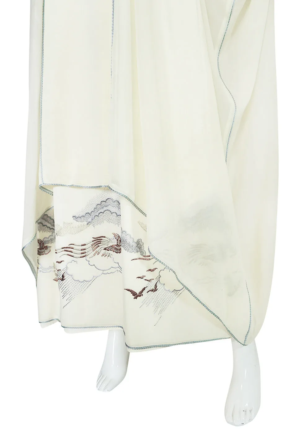 1970s Janice Wainwright Cream Embroidered Caftan Dress