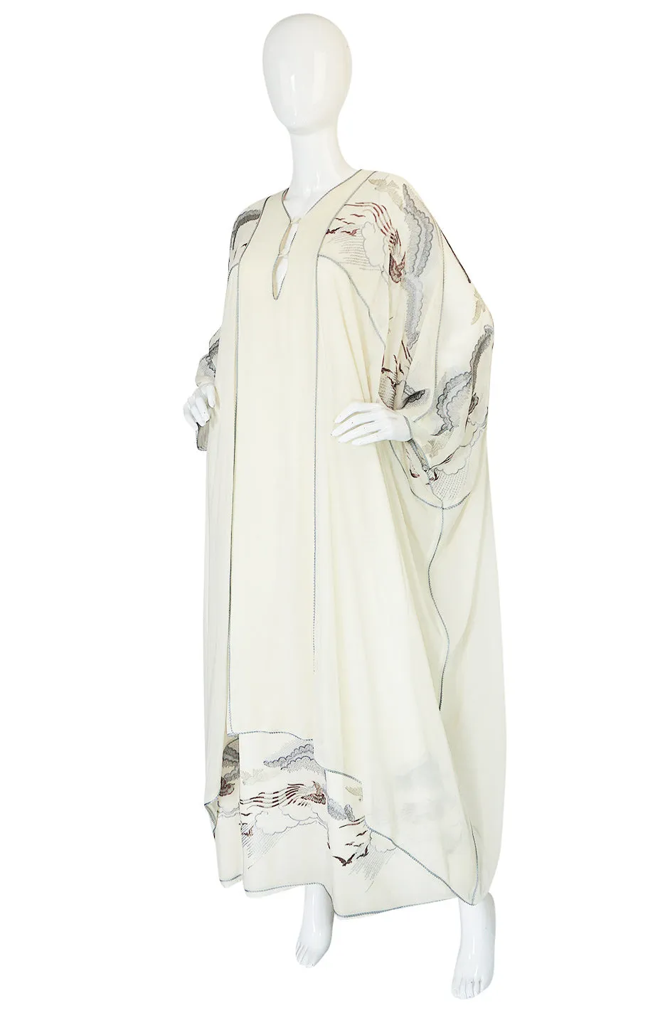 1970s Janice Wainwright Cream Embroidered Caftan Dress