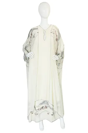 1970s Janice Wainwright Cream Embroidered Caftan Dress