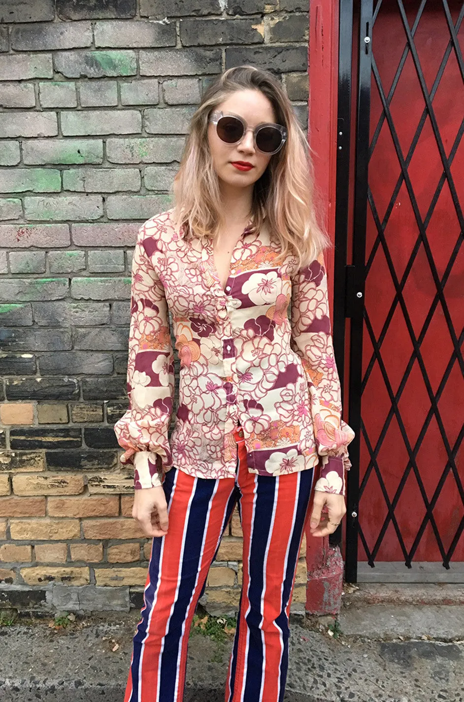 1970s Jeff Banks Pink Print Balloon Sleeve Shirt