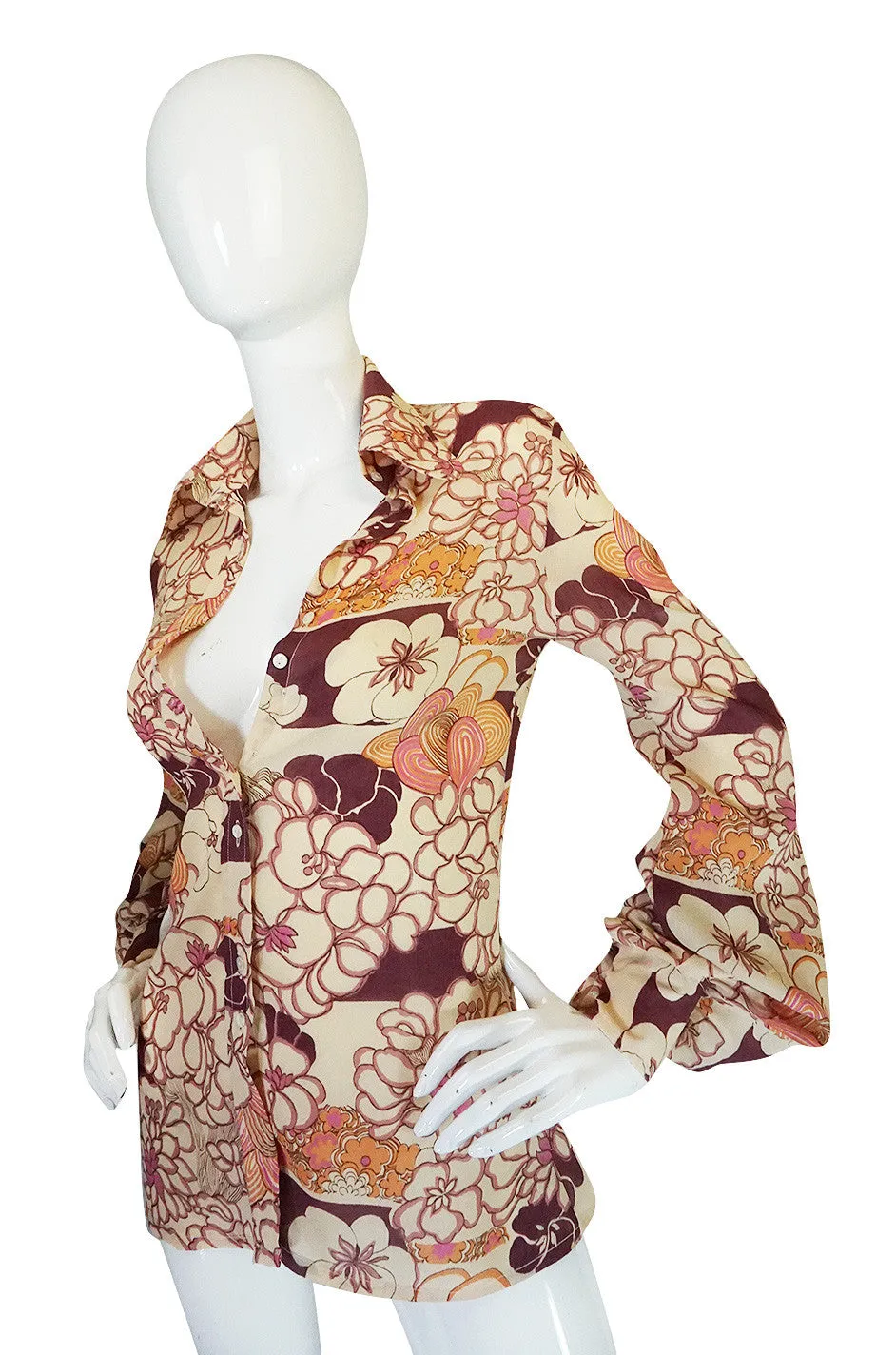 1970s Jeff Banks Pink Print Balloon Sleeve Shirt