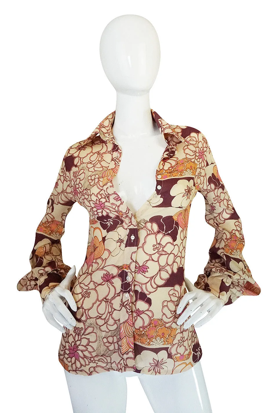 1970s Jeff Banks Pink Print Balloon Sleeve Shirt