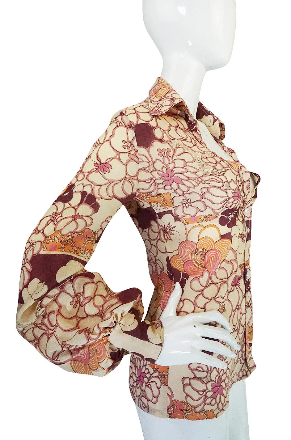 1970s Jeff Banks Pink Print Balloon Sleeve Shirt