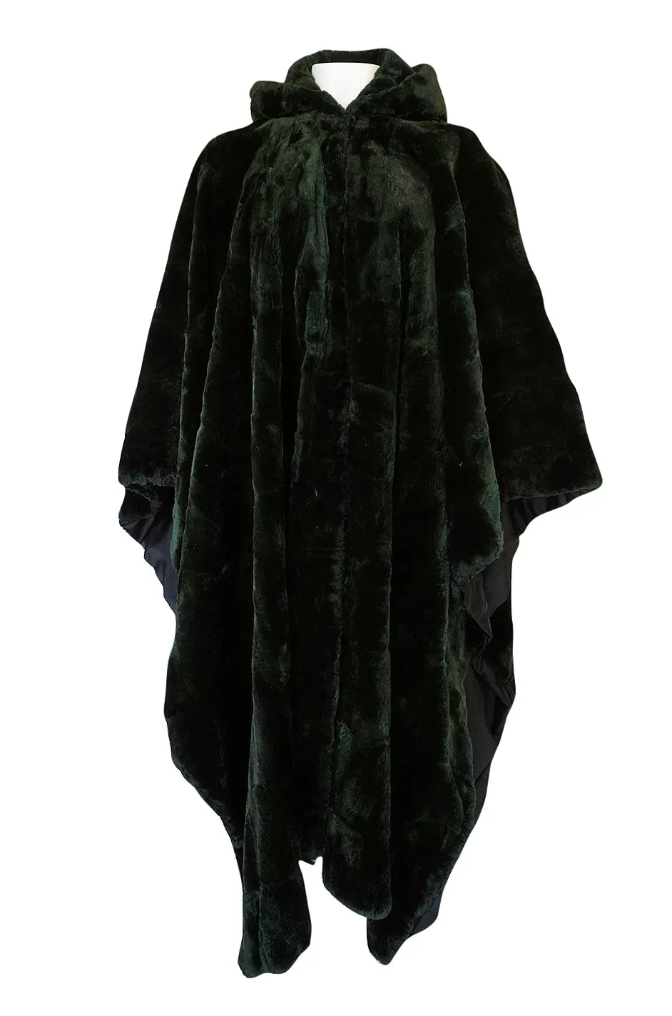 1970s Yves Saint Laurent Hooded Deep Green Shaved Fur Poncho