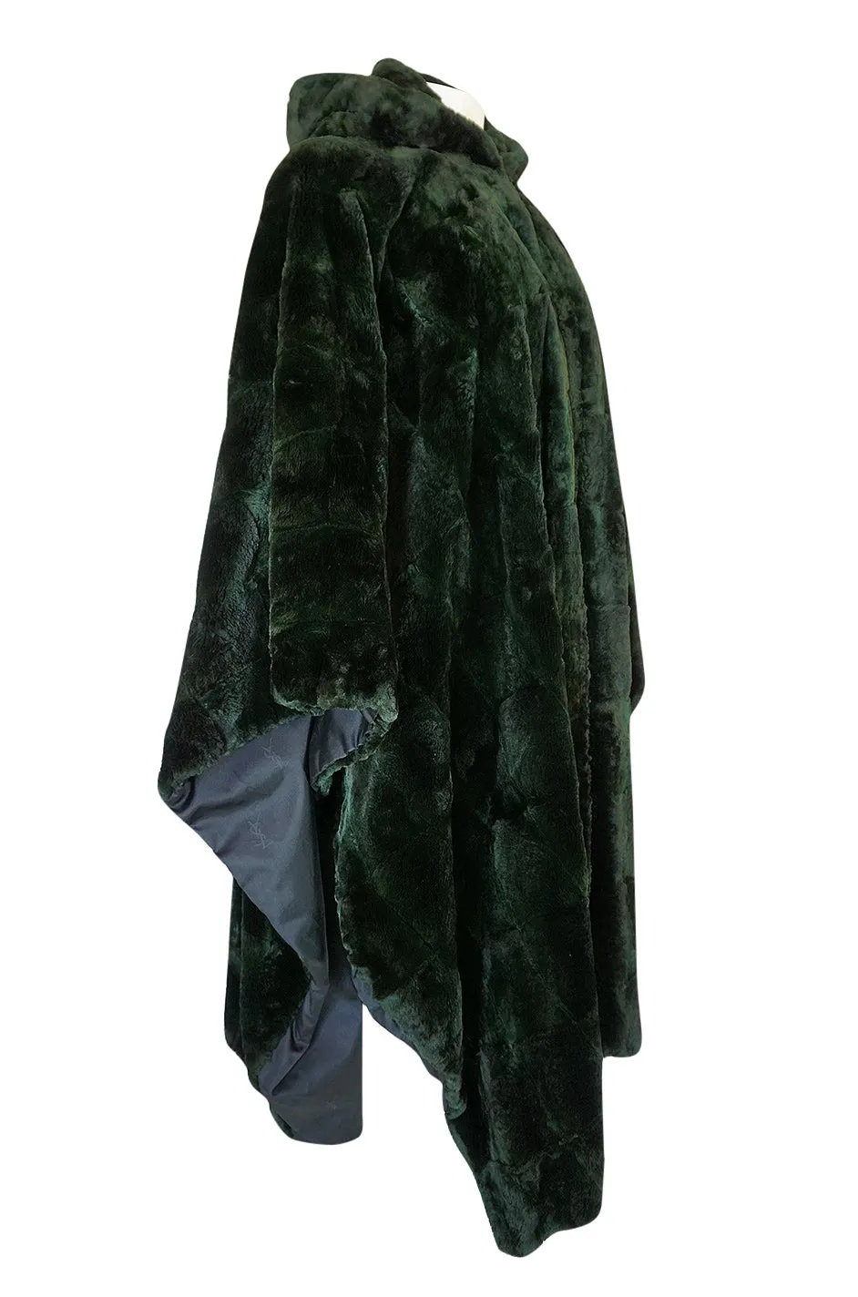 1970s Yves Saint Laurent Hooded Deep Green Shaved Fur Poncho