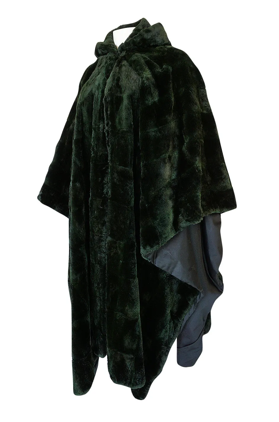 1970s Yves Saint Laurent Hooded Deep Green Shaved Fur Poncho