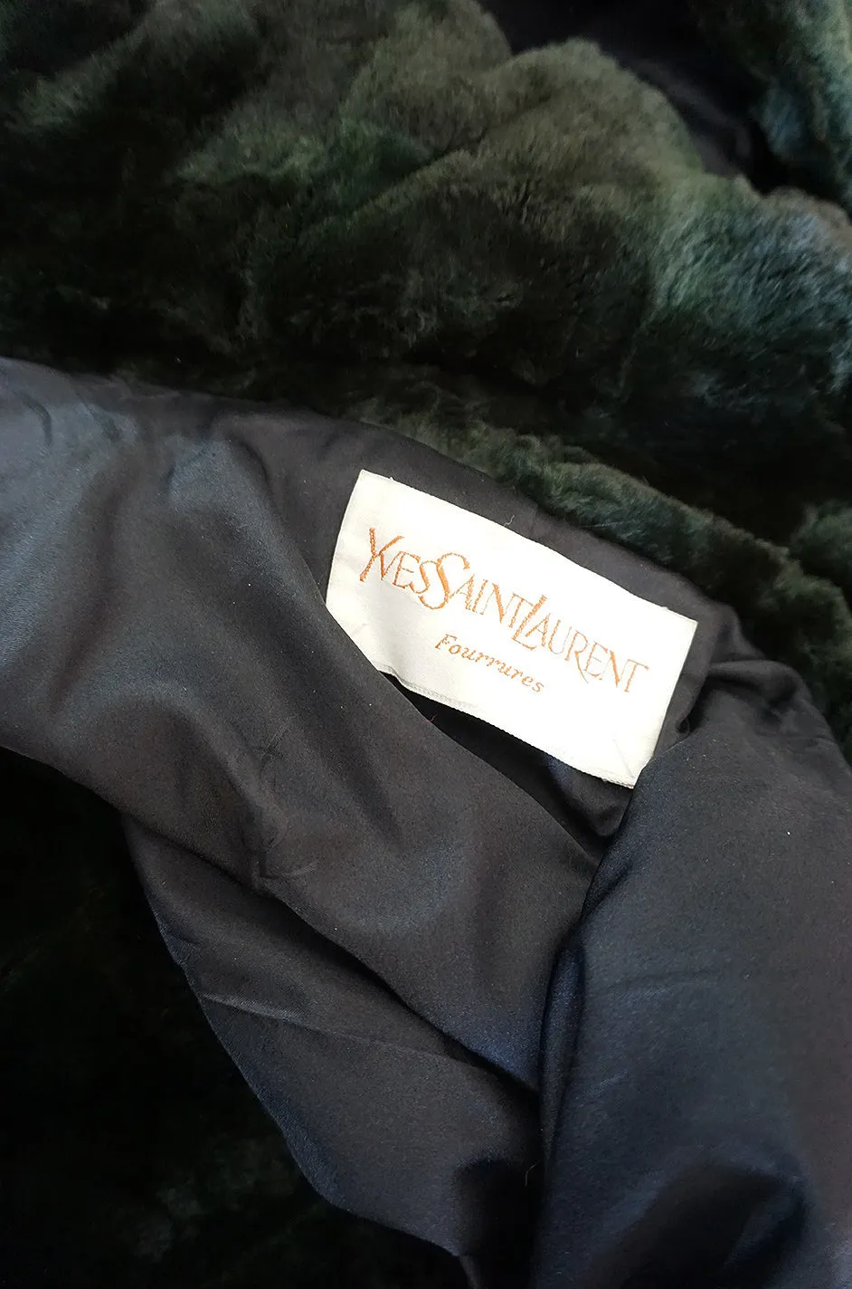 1970s Yves Saint Laurent Hooded Deep Green Shaved Fur Poncho