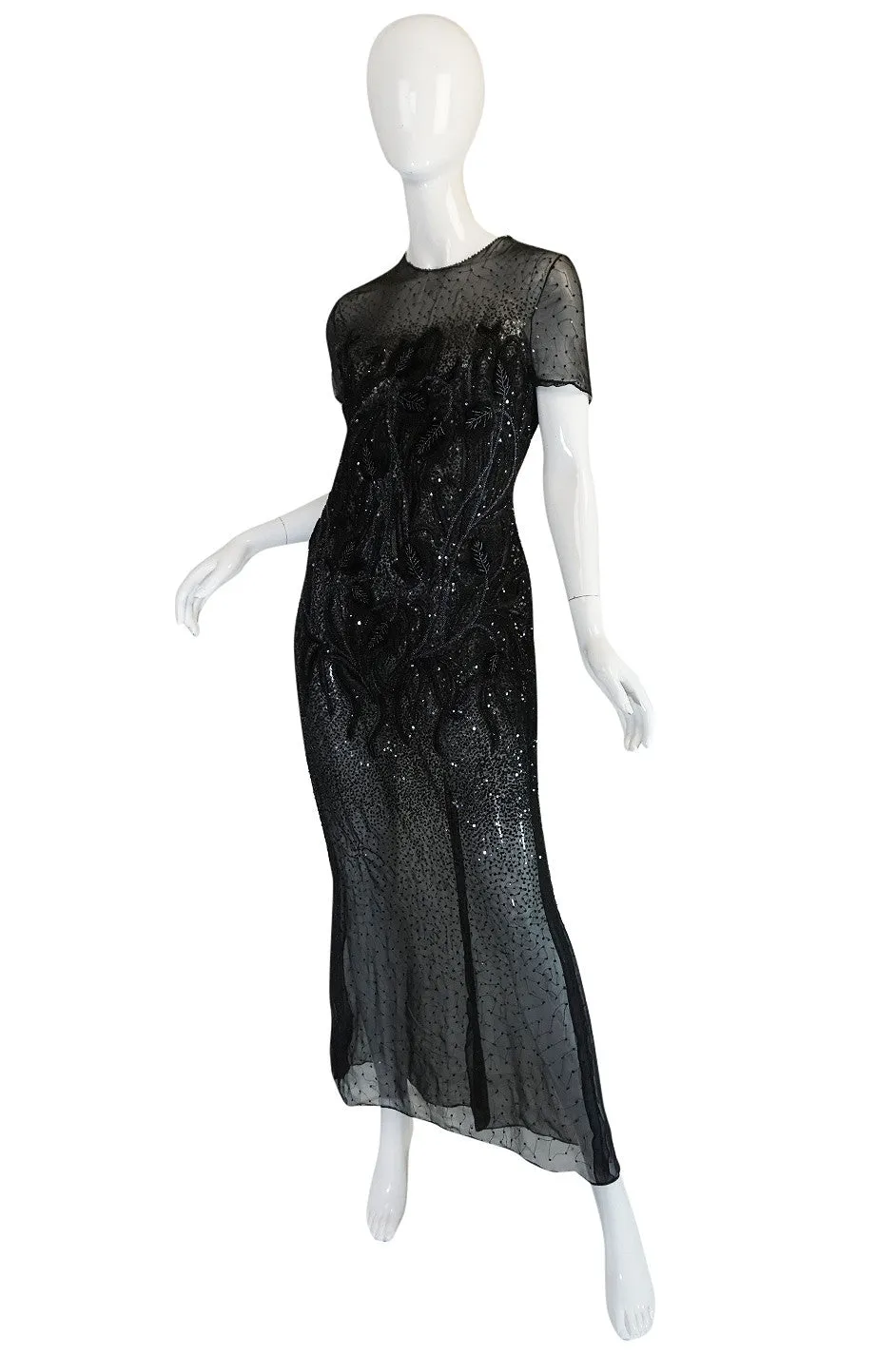 1980s Bill Blass Sequin & Beaded Black Silk Chiffon Dress