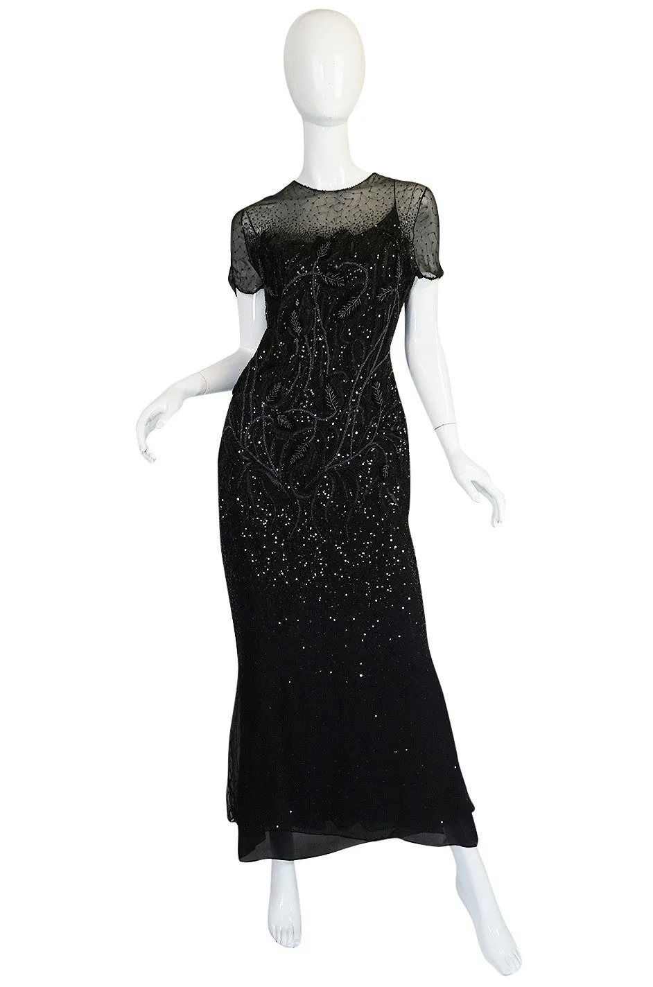 1980s Bill Blass Sequin & Beaded Black Silk Chiffon Dress