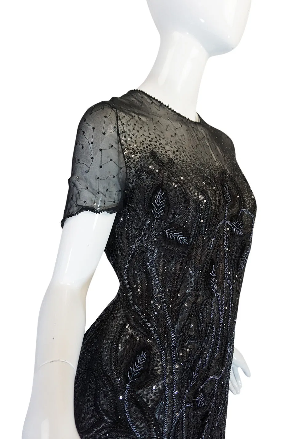 1980s Bill Blass Sequin & Beaded Black Silk Chiffon Dress