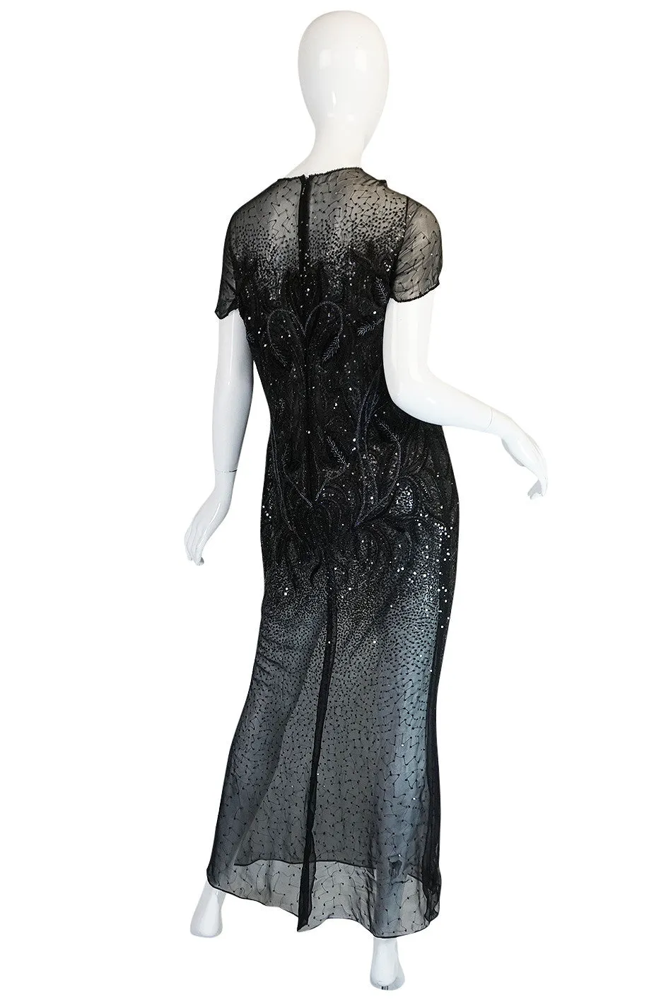 1980s Bill Blass Sequin & Beaded Black Silk Chiffon Dress
