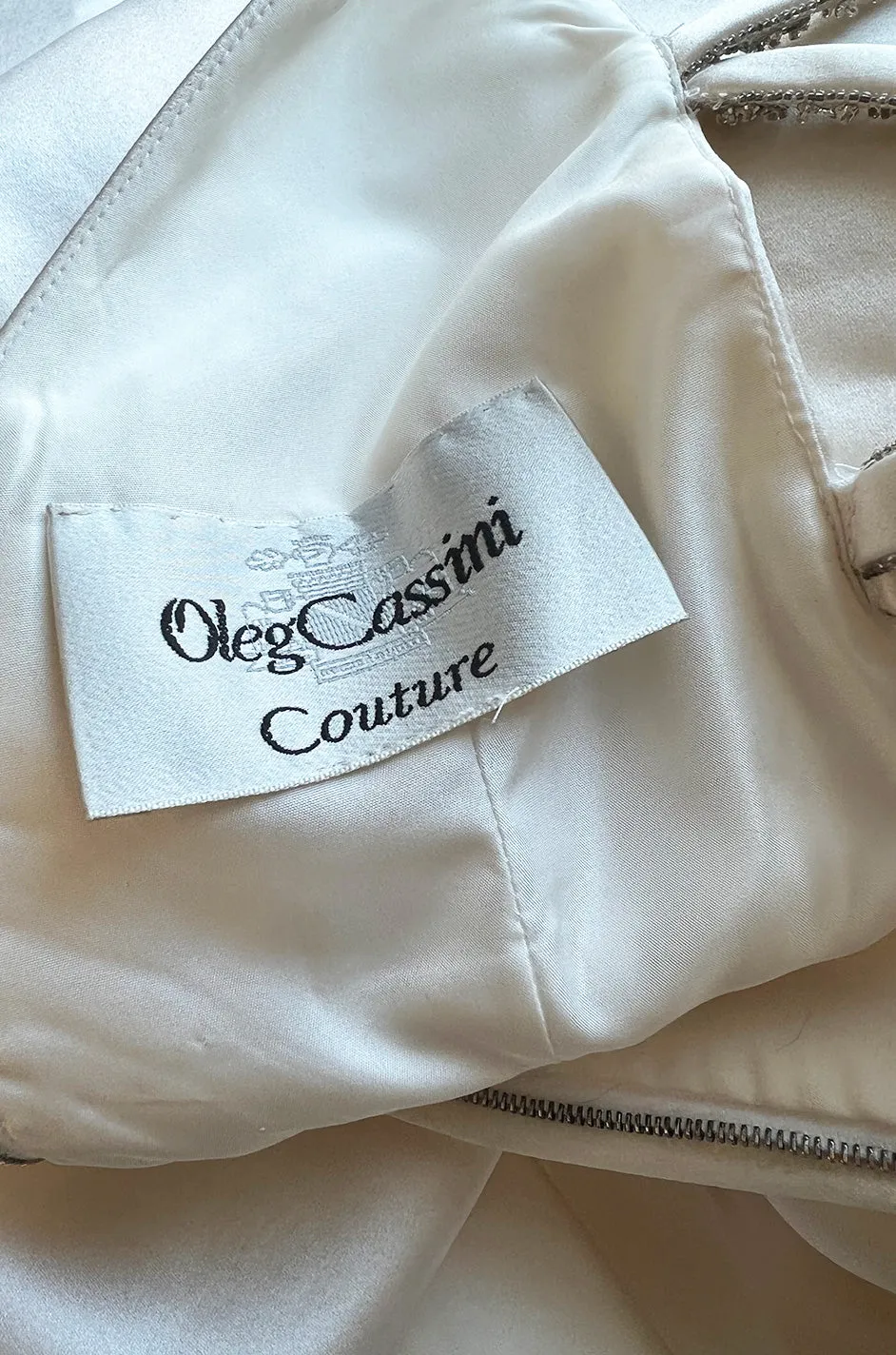 2000s Oleg Cassini Couture Ivory Silk Satin Wedding Dress w Open Beaded Sides & Train