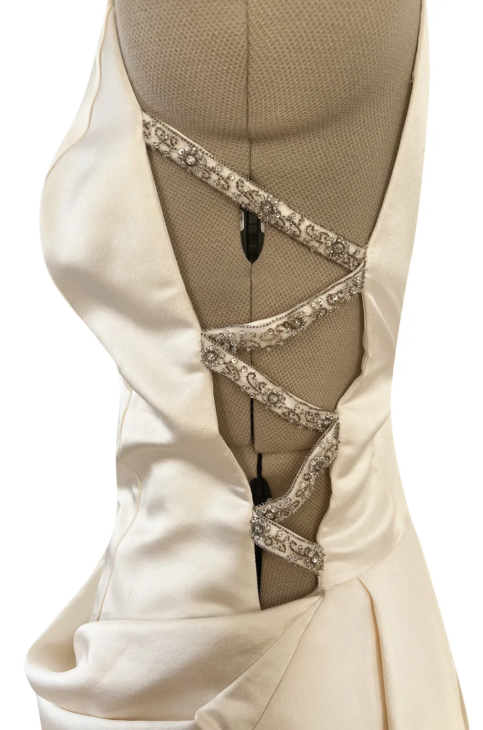 2000s Oleg Cassini Couture Ivory Silk Satin Wedding Dress w Open Beaded Sides & Train