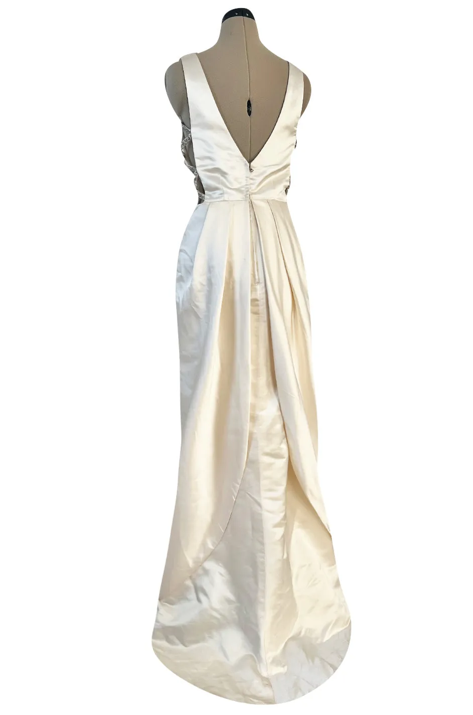 2000s Oleg Cassini Couture Ivory Silk Satin Wedding Dress w Open Beaded Sides & Train