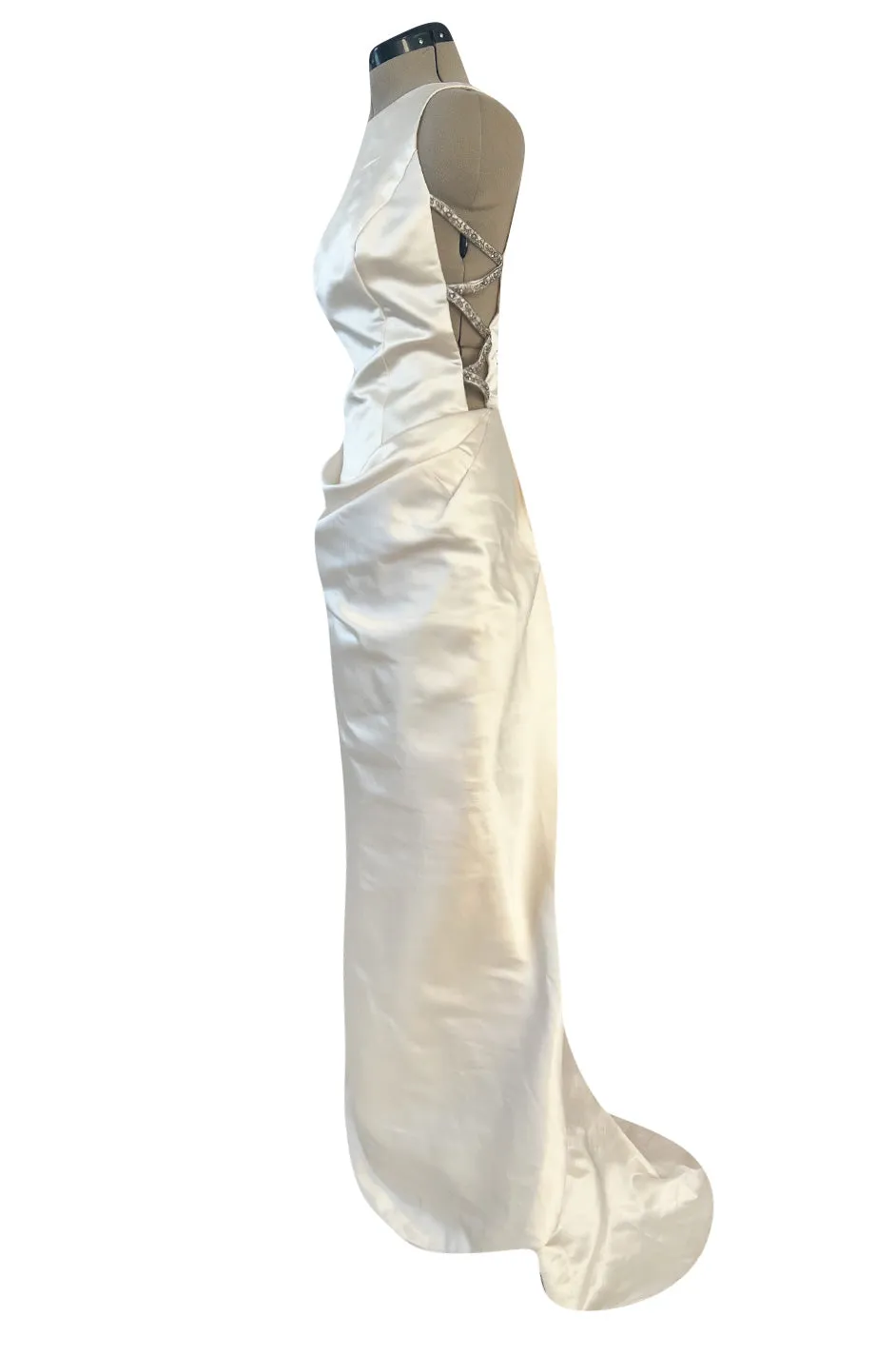 2000s Oleg Cassini Couture Ivory Silk Satin Wedding Dress w Open Beaded Sides & Train