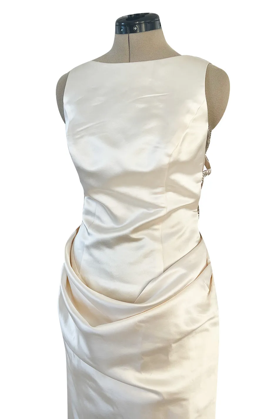 2000s Oleg Cassini Couture Ivory Silk Satin Wedding Dress w Open Beaded Sides & Train