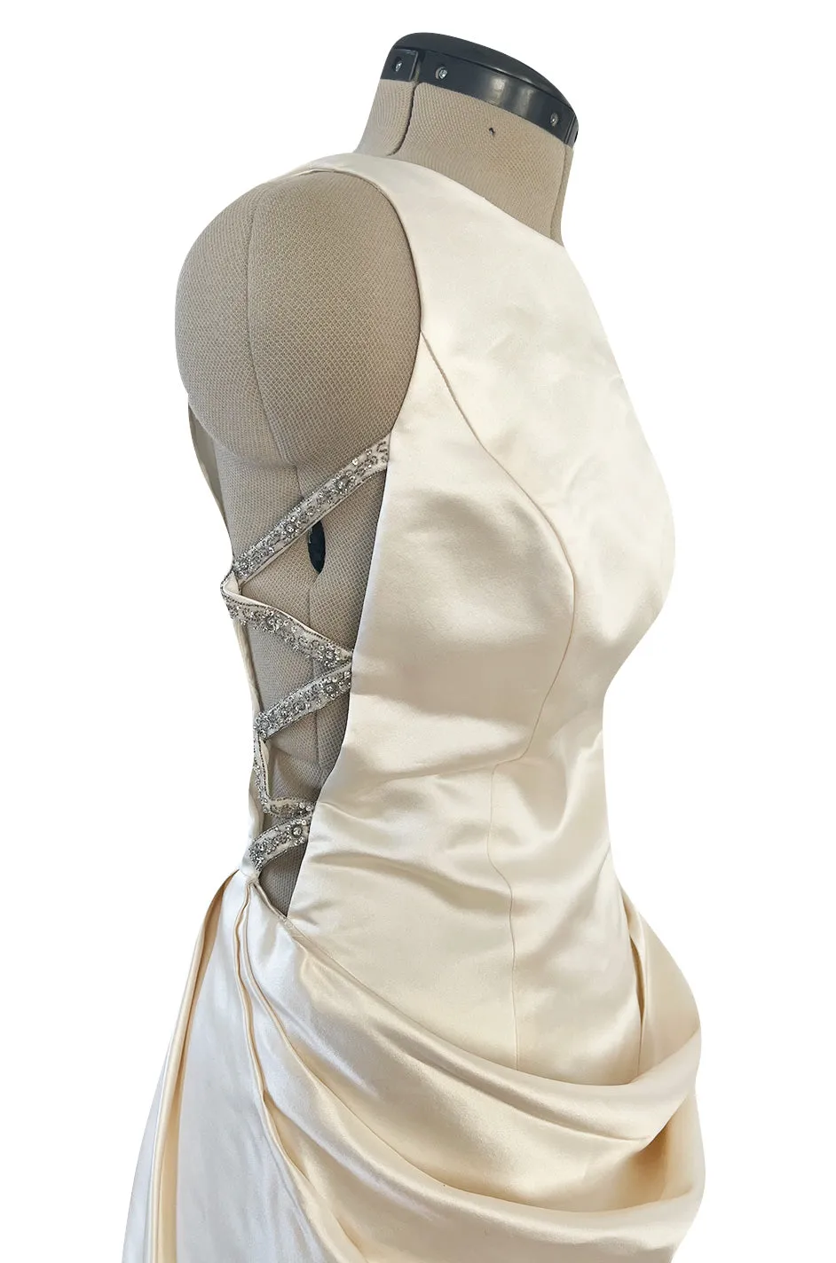 2000s Oleg Cassini Couture Ivory Silk Satin Wedding Dress w Open Beaded Sides & Train