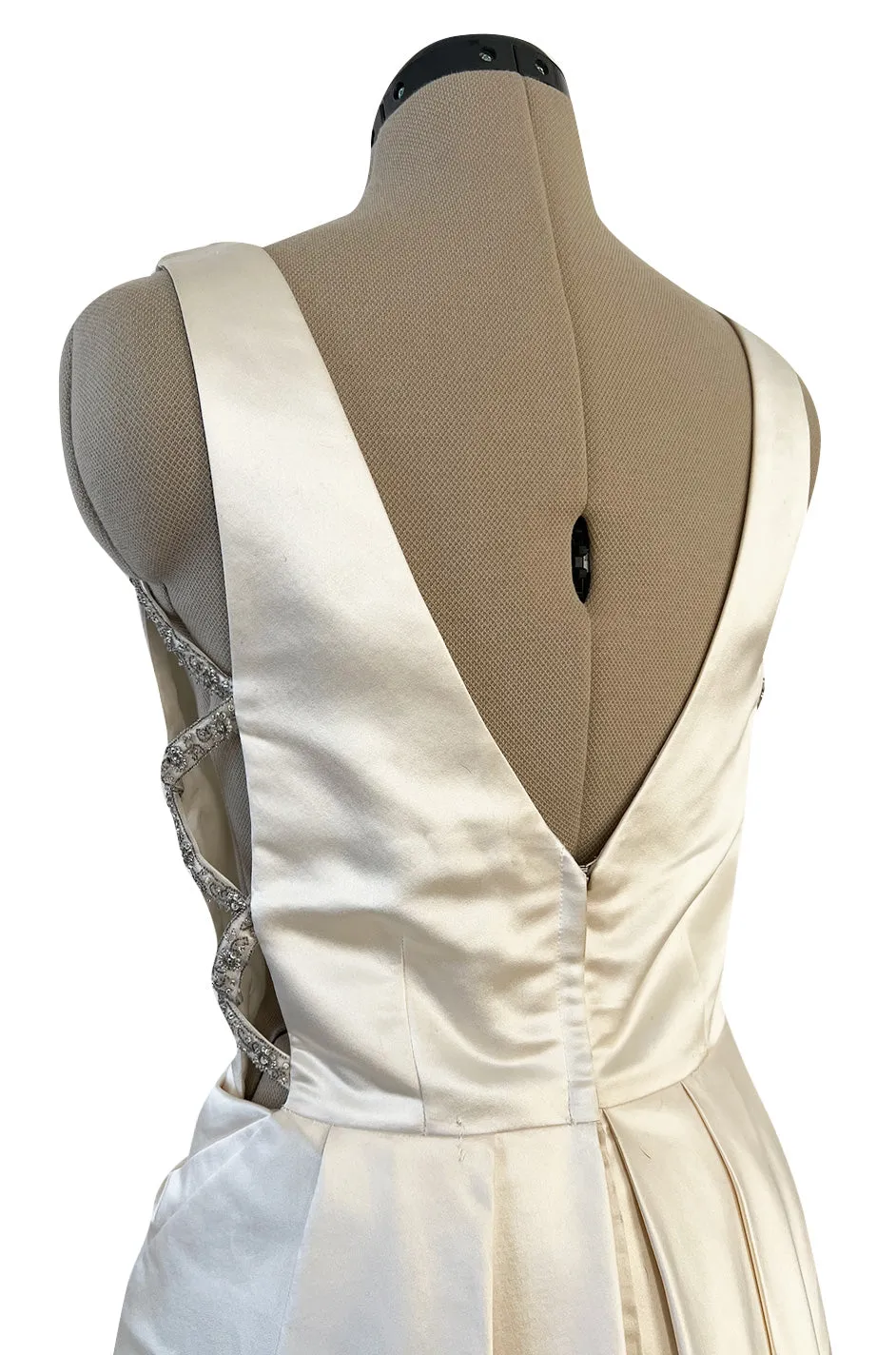 2000s Oleg Cassini Couture Ivory Silk Satin Wedding Dress w Open Beaded Sides & Train
