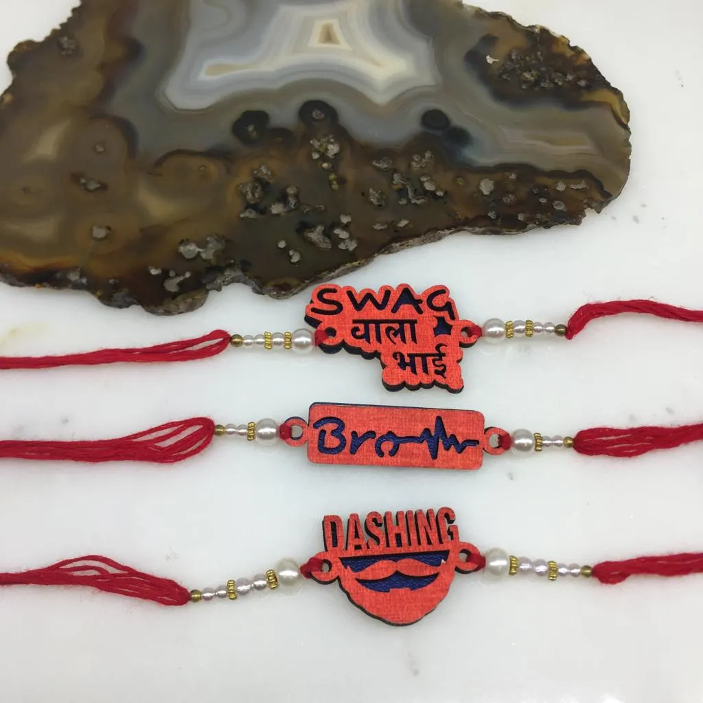 3 Set of Rakhi with Dashing/ Brother / Swag Wala Bhai Slogan White Pearls Red Thread Rakhi