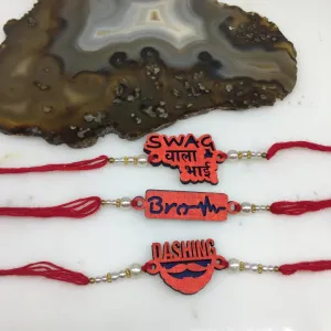 3 Set of Rakhi with Dashing/ Brother / Swag Wala Bhai Slogan White Pearls Red Thread Rakhi