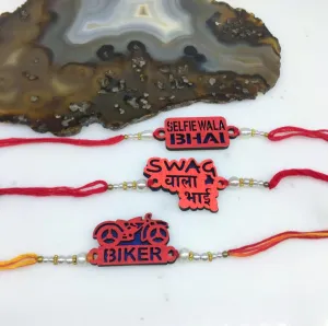 3 Set of Rakhi with Swag Wala Bhai/ Biker/ Selfie Wala Bhai Slogan White Pearls Red Thread Rakhi For Men