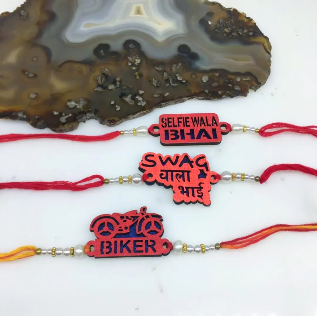 3 Set of Rakhi with Swag Wala Bhai/ Biker/ Selfie Wala Bhai Slogan White Pearls Red Thread Rakhi For Men
