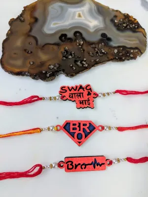 3 Set of Rakhi with Swag Wala Bhai/ Bro/ Brother Slogan White Pearls Red Thread Rakhi